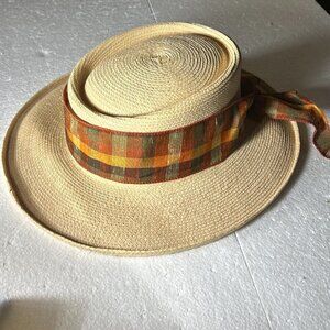 Handwoven Boater Style Straw Hat Plaid Bow Hatband Sunhat Cottage Prairie Vintag